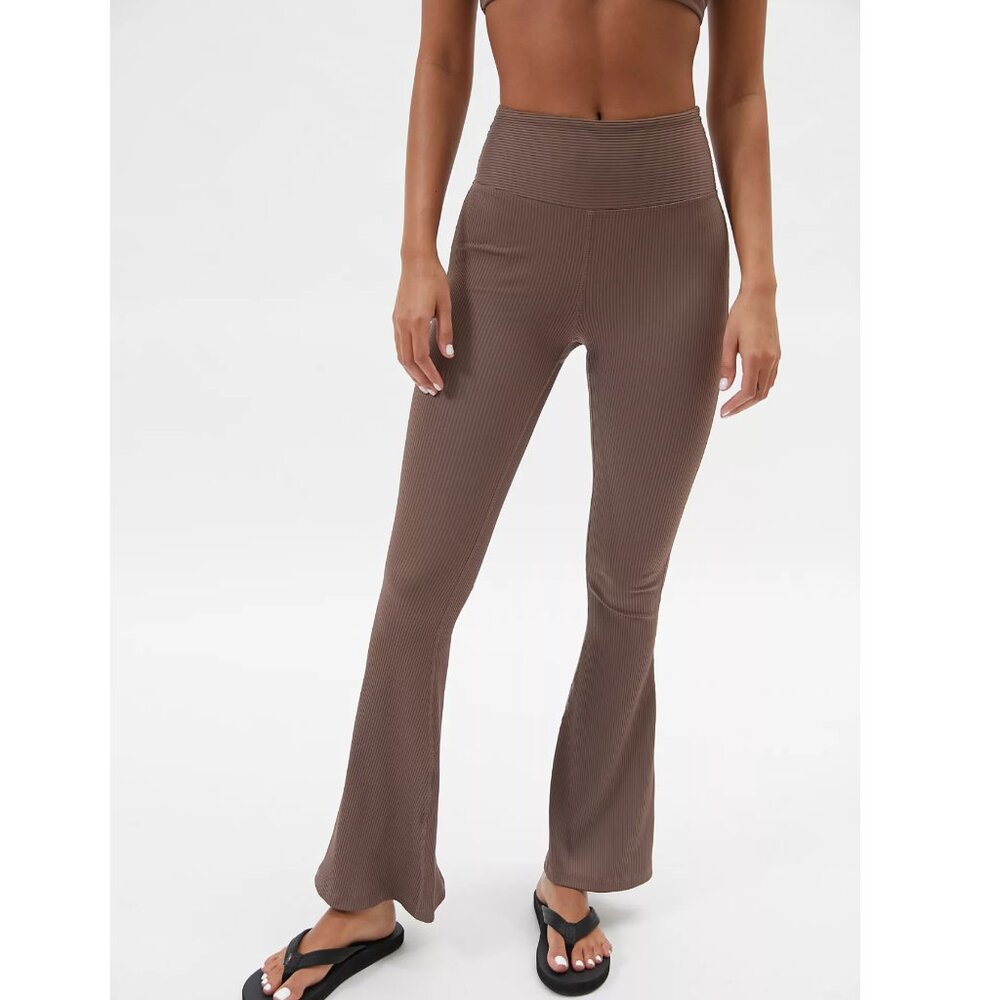 Flare Legging Red Ribbed Compression Flared Bellbottom Pants - Picture 4 of 7